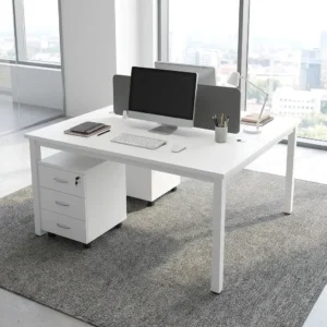 White 2-Way Office Partition Desk with two opposing white work surfaces, dark central privacy partition, circular cable-access points, rectangular legs and three-drawer mobile pedestals