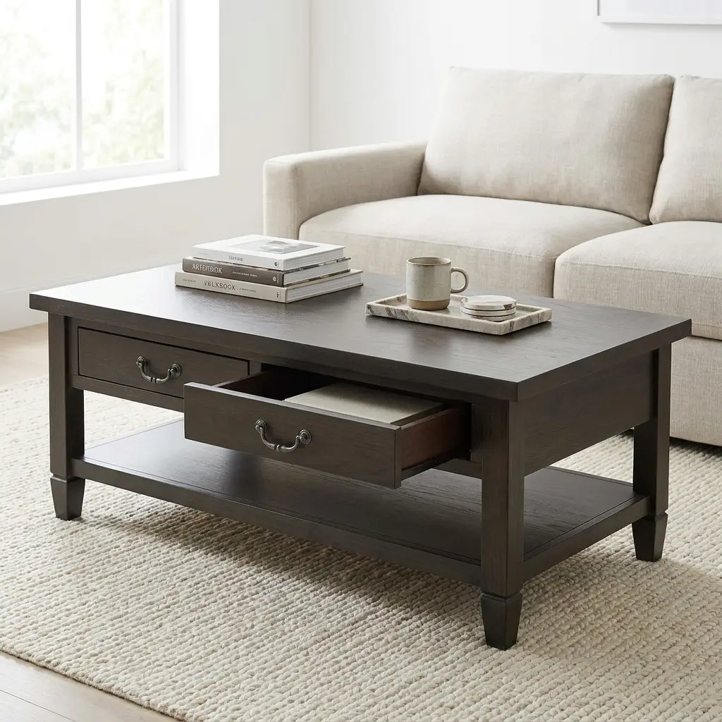 2-Drawer Storage Coffee Table With Dark Brown Wood-Grain Rectangular Top, Two Storage Drawers With Curved Metallic-Toned Handles, Open Lower Shelf And Four Corner Legs