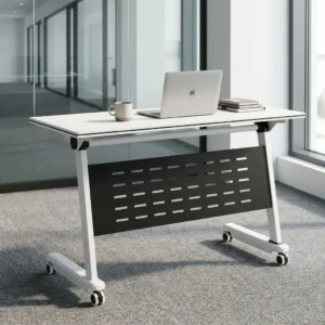 Mobile Nesting Office Training Desk with white rectangular tabletop, rounded corners, pivot-style frame mechanism, four caster wheels and dark perforated front modesty panel