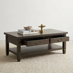 2-Drawer Storage Coffee Table with dark brown wood-grain rectangular top, two storage drawers with curved metallic-toned handles, open lower shelf and four corner legs