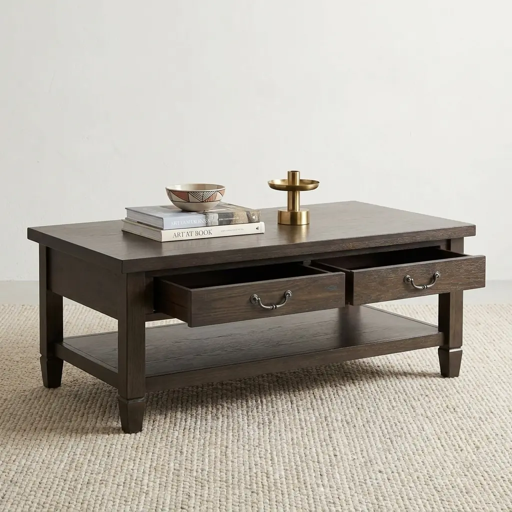 2-Drawer Storage Coffee Table With Dark Brown Wood-Grain Rectangular Top, Two Storage Drawers With Curved Metallic-Toned Handles, Open Lower Shelf And Four Corner Legs