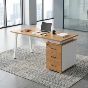 1.4m Straight Oak Office Desk with oak-style rectangular worktop, three-drawer storage pedestal, lockable upper drawer, cable-access point and angled white legs