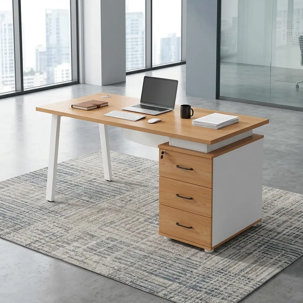 1.4M Straight Oak Office Desk With Oak-Style Rectangular Worktop, Three-Drawer Storage Pedestal, Lockable Upper Drawer, Cable-Access Point And Angled White Legs