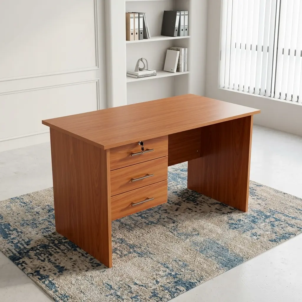 1M Home Office Desk With Drawers In Warm Wood-Grain Finish With Rectangular Desktop, Three Integrated Drawers, Lockable Upper Drawer And Metallic-Toned Handles
