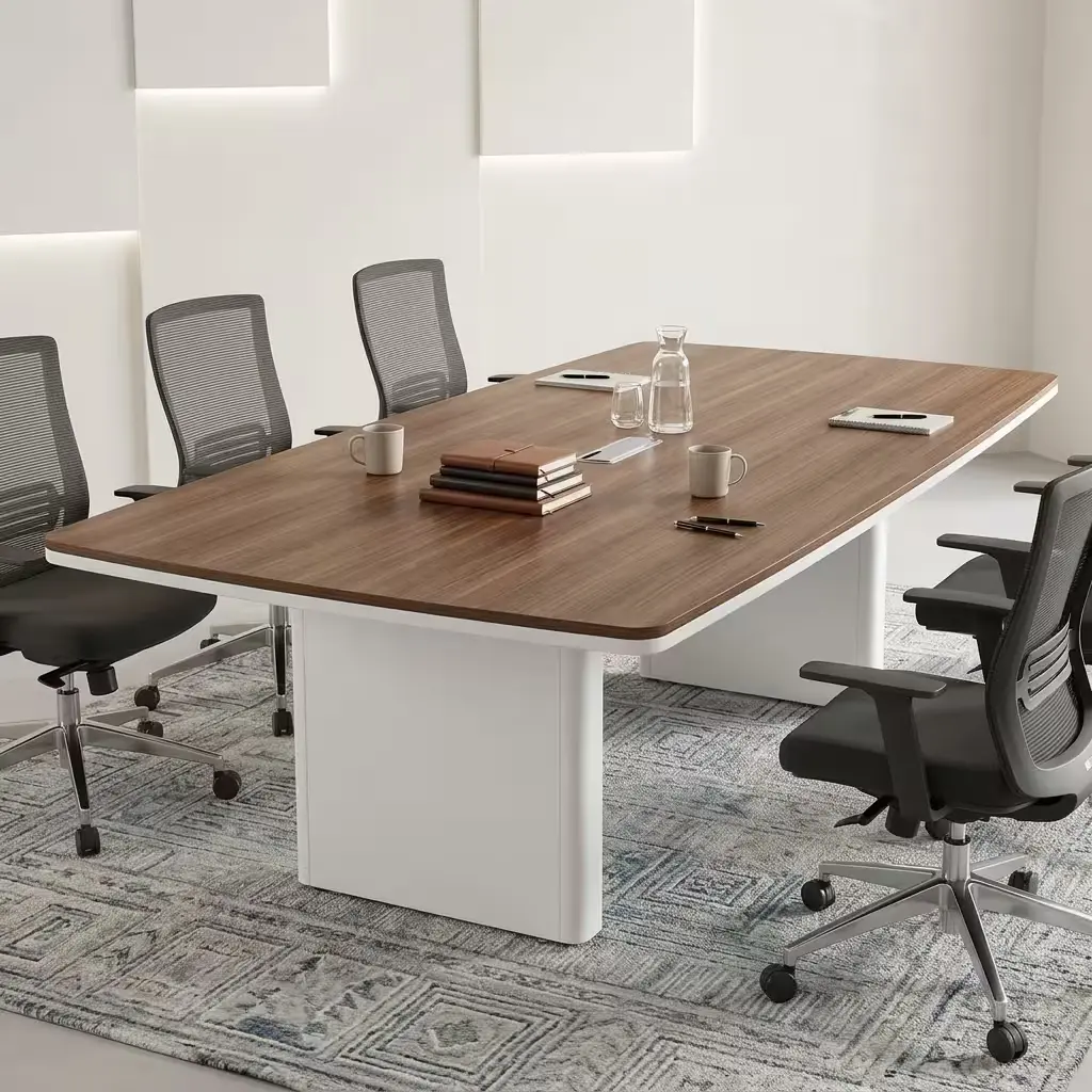 2.4M Premium Conference Table With Broad Brown Wood-Grain Rectangular Tabletop, Gently Rounded Corners, Light-Toned Perimeter Edge, Central Cable-Access Point And Substantial Light-Toned Panel Bases