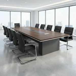 6m Corporate Meeting Room Table with large rectangular wood-grain tabletop, dark central section, integrated tabletop access points and substantial panel-style bases