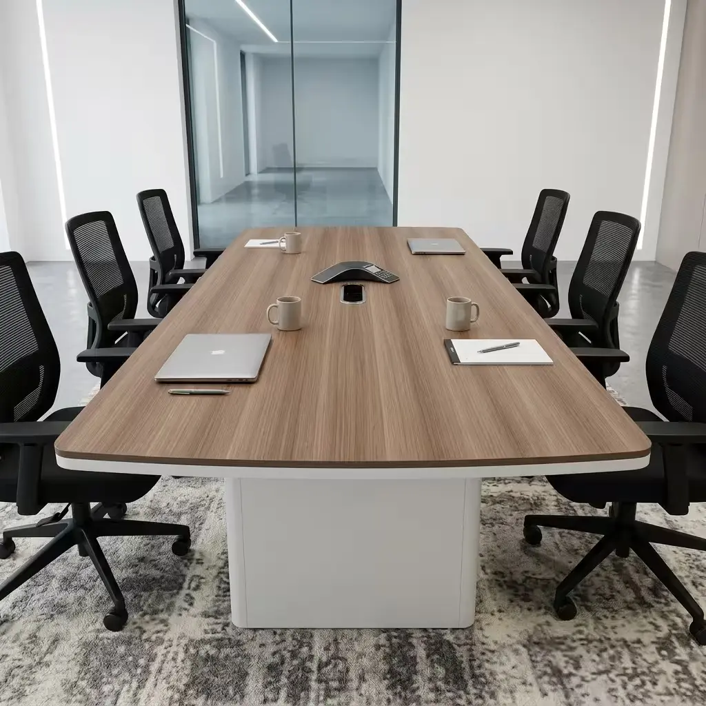 2.4M Premium Conference Table With Broad Brown Wood-Grain Rectangular Tabletop, Gently Rounded Corners, Light-Toned Perimeter Edge, Central Cable-Access Point And Substantial Light-Toned Panel Bases