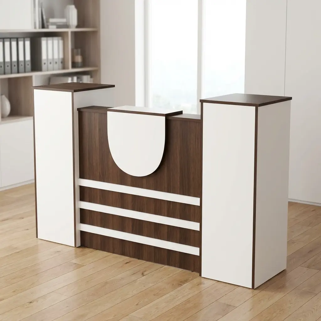 1.6M Modern Reception Counter With Brown Wood-Grain Worktop And Front Panel, White Side Sections, Raised Counter Surfaces, Curved White Front Feature And Three Horizontal Accent Strips