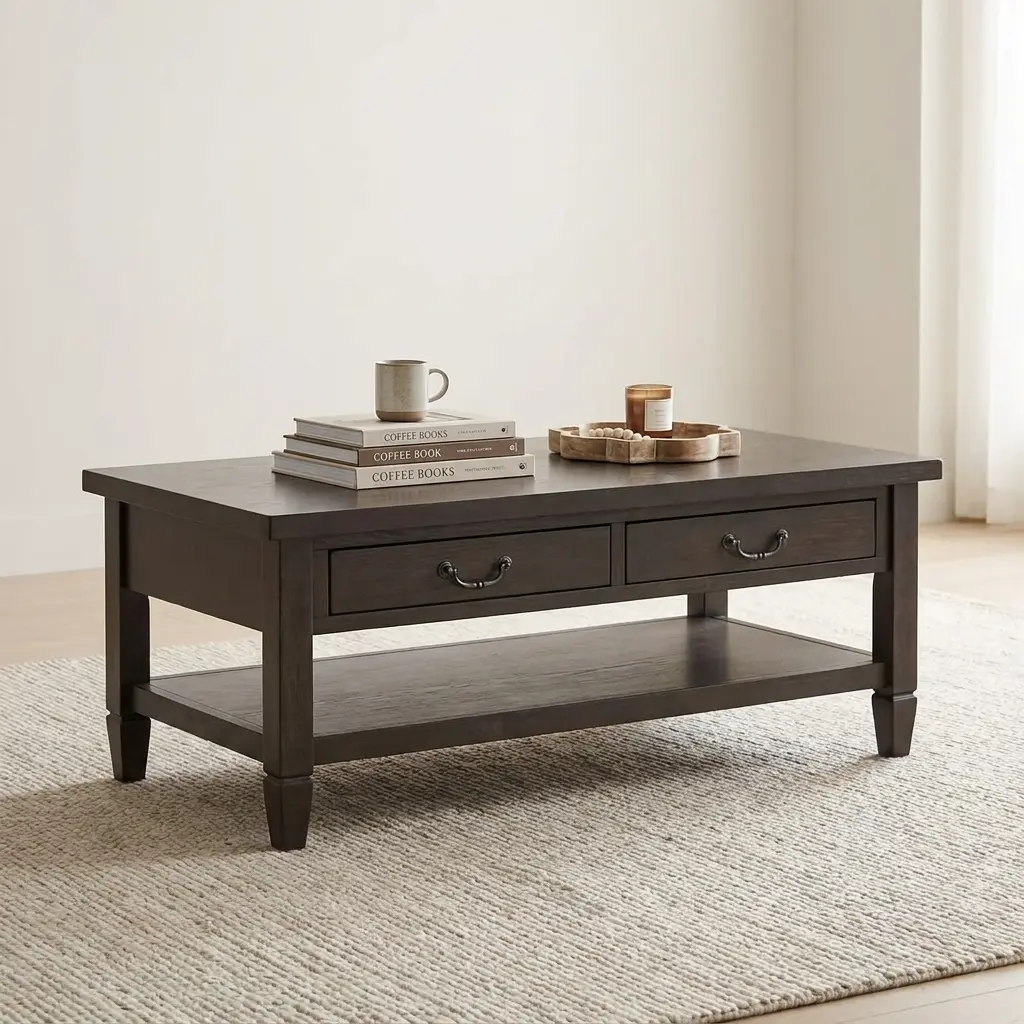 2-Drawer Storage Coffee Table With Dark Brown Wood-Grain Rectangular Top, Two Storage Drawers With Curved Metallic-Toned Handles, Open Lower Shelf And Four Corner Legs