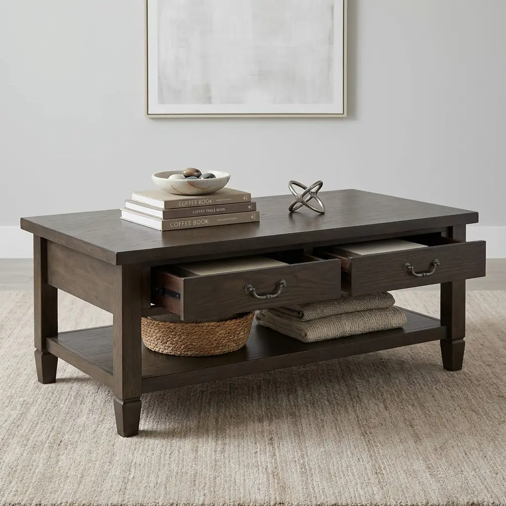 2-Drawer Storage Coffee Table With Dark Brown Wood-Grain Rectangular Top, Two Storage Drawers With Curved Metallic-Toned Handles, Open Lower Shelf And Four Corner Legs