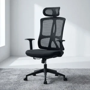 Orthopedic High Back Office Chair with black breathable mesh high backrest, separate mesh headrest, contoured lower-back support, cushioned black seat, armrests, adjustment controls and five-star caster base