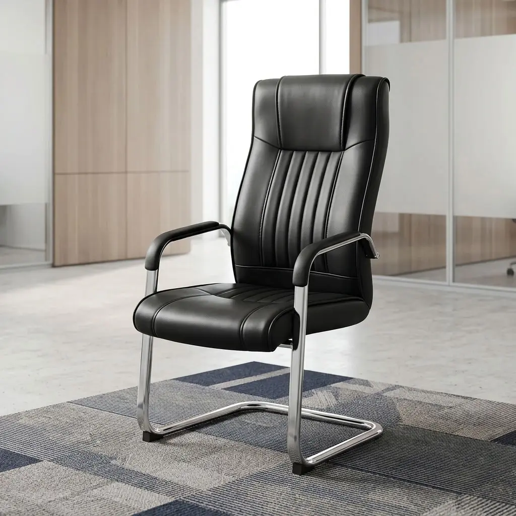 Executive Leather Cantilever Chair With Black Leather Upholstery, Tall Padded Backrest, Vertical Stitched Detailing, Cushioned Seat, Black Padded Armrests And Chrome-Toned Cantilever Frame