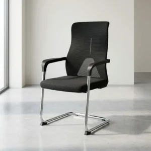 Chrome Cantilever Visitor Chair with tall black mesh backrest, defined lower-back support, padded black seat, fixed armrests and chrome-toned tubular cantilever frame