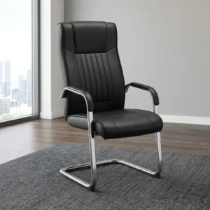 Executive Leather Cantilever Chair with black leather upholstery, tall padded backrest, vertical stitched detailing, cushioned seat, black padded armrests and chrome-toned cantilever frame