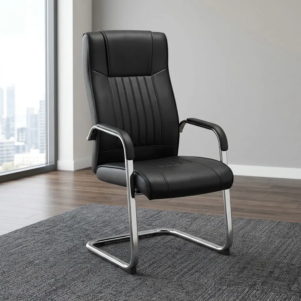 Executive Leather Cantilever Chair With Black Leather Upholstery, Tall Padded Backrest, Vertical Stitched Detailing, Cushioned Seat, Black Padded Armrests And Chrome-Toned Cantilever Frame