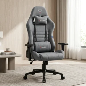 Ergonomic Grey Fabric Gaming Chair with grey fabric upholstery, contoured high back, segmented padding, headrest cushion, lumbar cushion, armrests and wheeled base