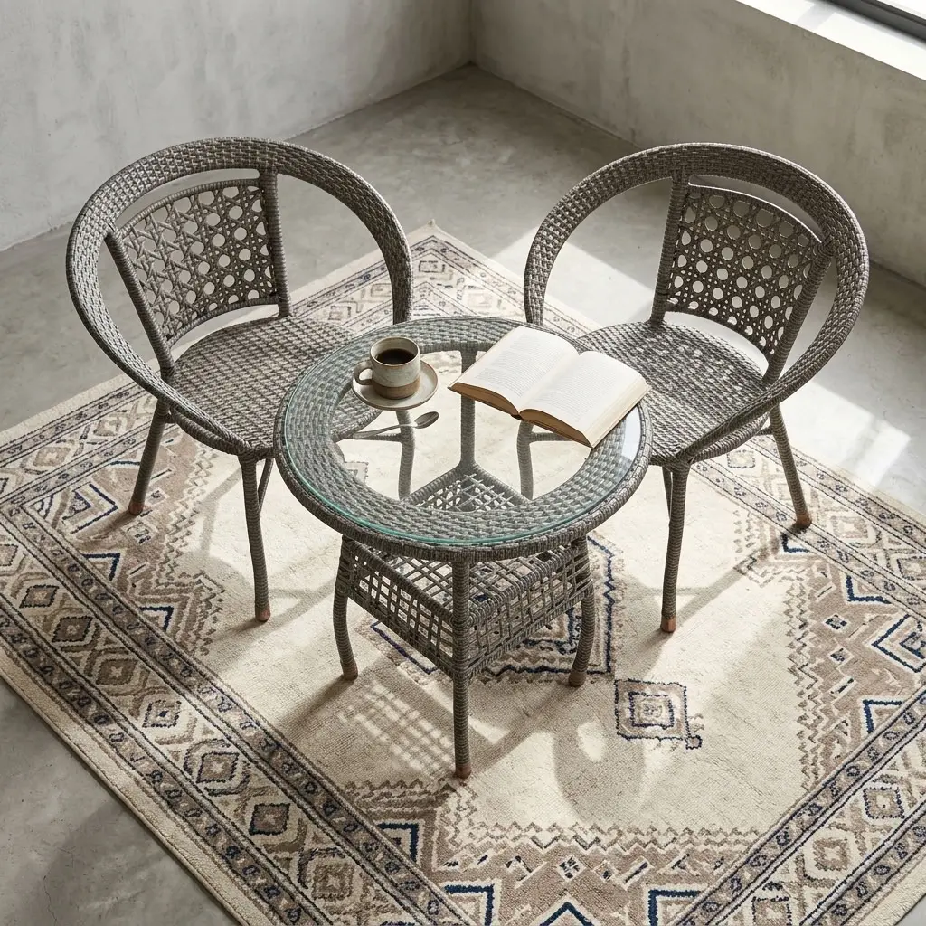 2-Seater Patio Outdoor Set With Two Grey-Brown Woven Armchairs, Open-Pattern Backrests And Round Woven Table With Clear Glass Top And Lower Shelf