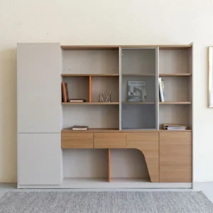 Corporate Document Storage Cabinet with light neutral panels, wood-grain sections, multiple open shelves, central framed glass door and enclosed storage compartments