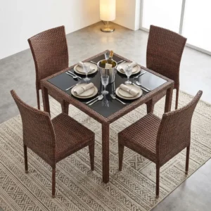 4-Seater Outdoor Rattan Dining Set with brown woven rattan-style square table, dark smooth tabletop and four matching high-back armless chairs