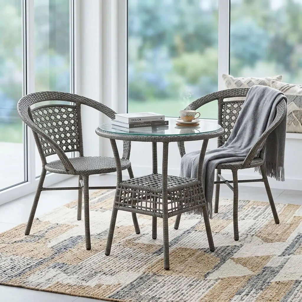 2-Seater Patio Outdoor Set With Two Grey-Brown Woven Armchairs, Open-Pattern Backrests And Round Woven Table With Clear Glass Top And Lower Shelf