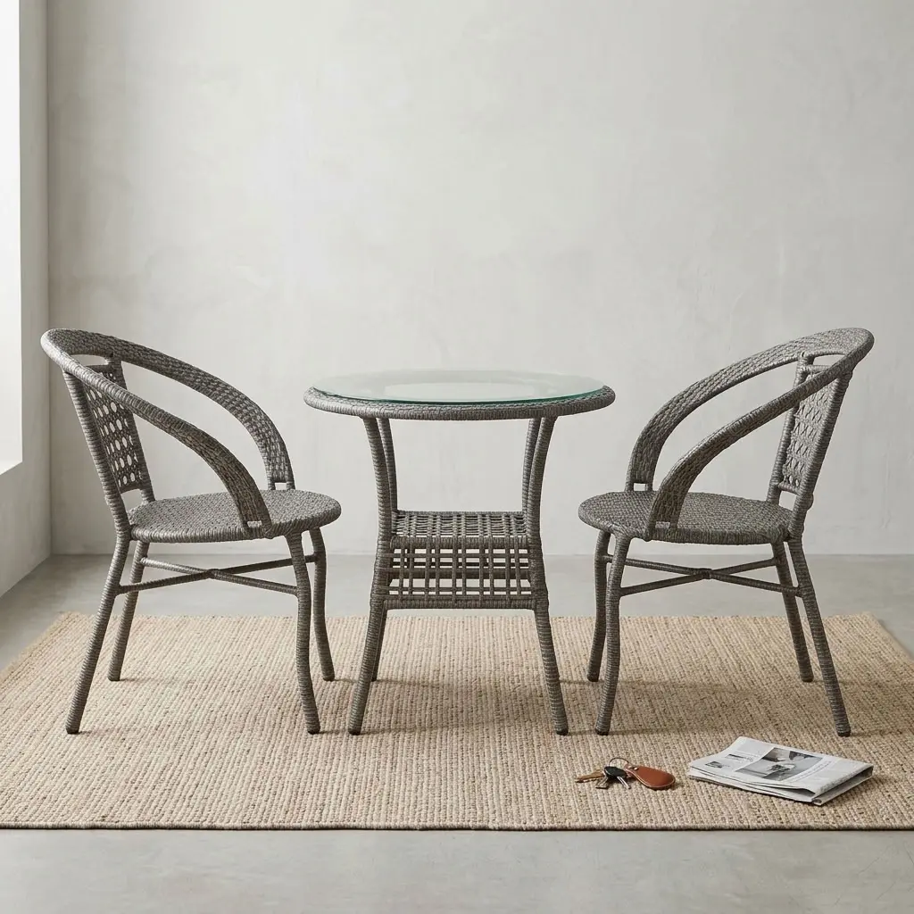 2-Seater Patio Outdoor Set With Two Grey-Brown Woven Armchairs, Open-Pattern Backrests And Round Woven Table With Clear Glass Top And Lower Shelf