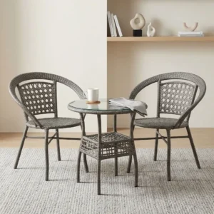 2-Seater Patio Outdoor Set with two grey-brown woven armchairs, open-pattern backrests and round woven table with clear glass top and lower shelf