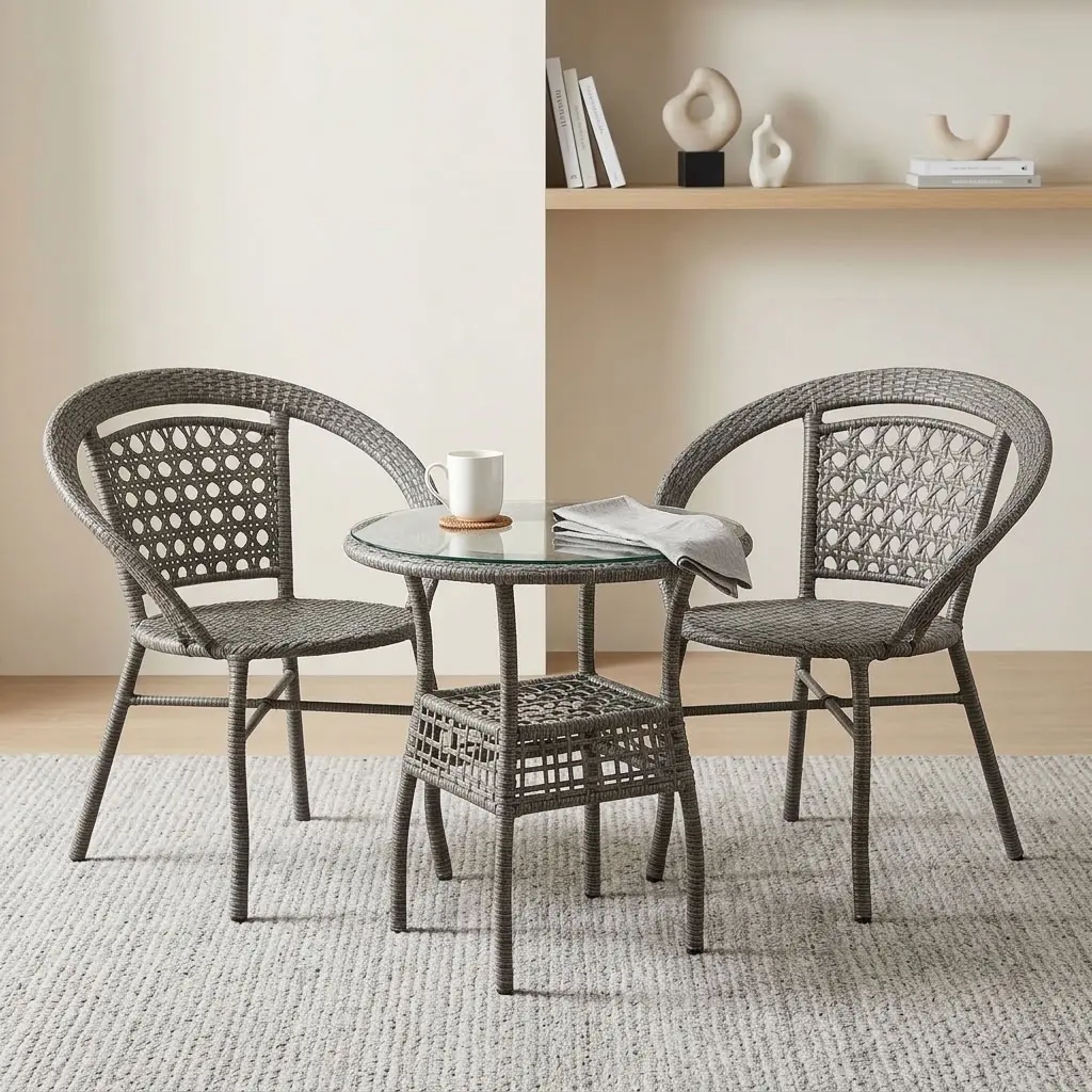 2-Seater Patio Outdoor Set With Two Grey-Brown Woven Armchairs, Open-Pattern Backrests And Round Woven Table With Clear Glass Top And Lower Shelf
