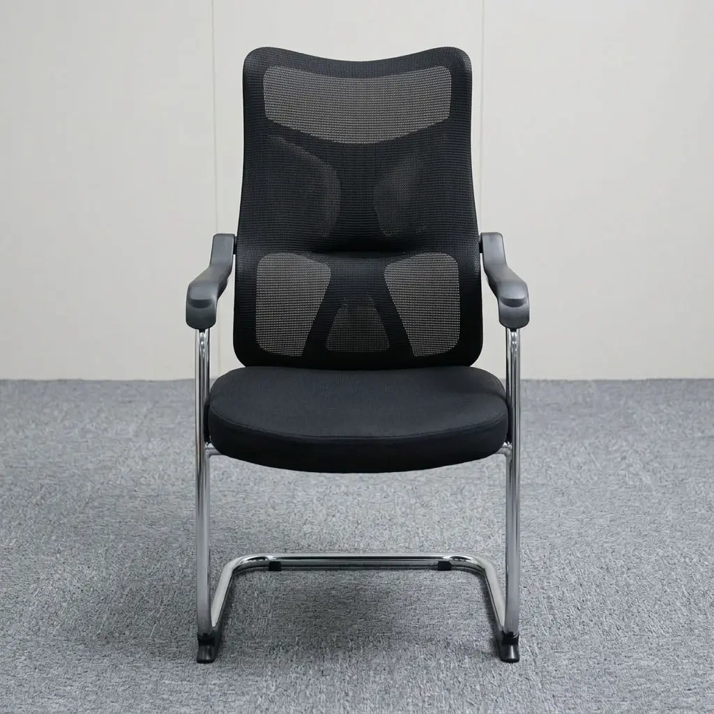 Heavy-Duty Visitor Office Chair With Black Upholstery, Broad Padded High Backrest, Cushioned Seat, Padded Fixed Armrests And Black Sled-Style Frame.