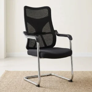 Heavy-Duty Visitor Office Chair with black upholstery, broad padded high backrest, cushioned seat, padded fixed armrests and black sled-style frame.