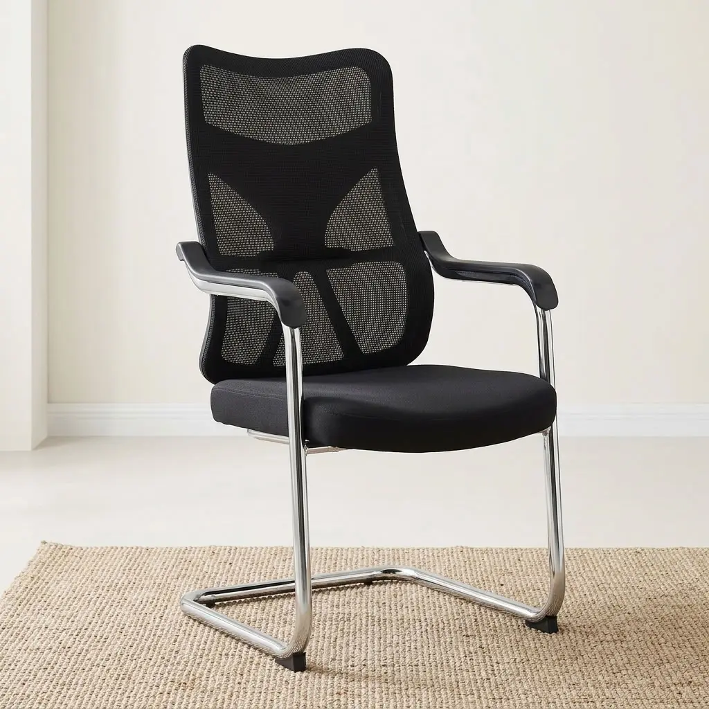 Heavy-Duty Visitor Office Chair With Black Upholstery, Broad Padded High Backrest, Cushioned Seat, Padded Fixed Armrests And Black Sled-Style Frame.