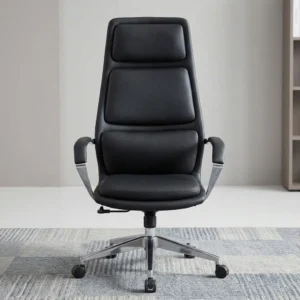 High Back Leatherette Office Chair with black padded upholstery, segmented high backrest, curved armrests, metallic-toned five-star base and caster wheels.