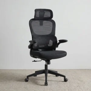 Orthopedic Chair With Flip Armrest in black with high mesh backrest, contoured lumbar support, mesh headrest, cushioned seat, five-star base and caster wheels.