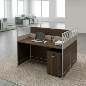 Premium 2-Seater Staff Workstation Featuring Dark Wood-Grain Desktops, Metallic-Framed Privacy Partitions With Horizontal Slatted Upper Panels, And An Integrated Storage Cabinet With A Lockable Drawer And Lower Cupboard.