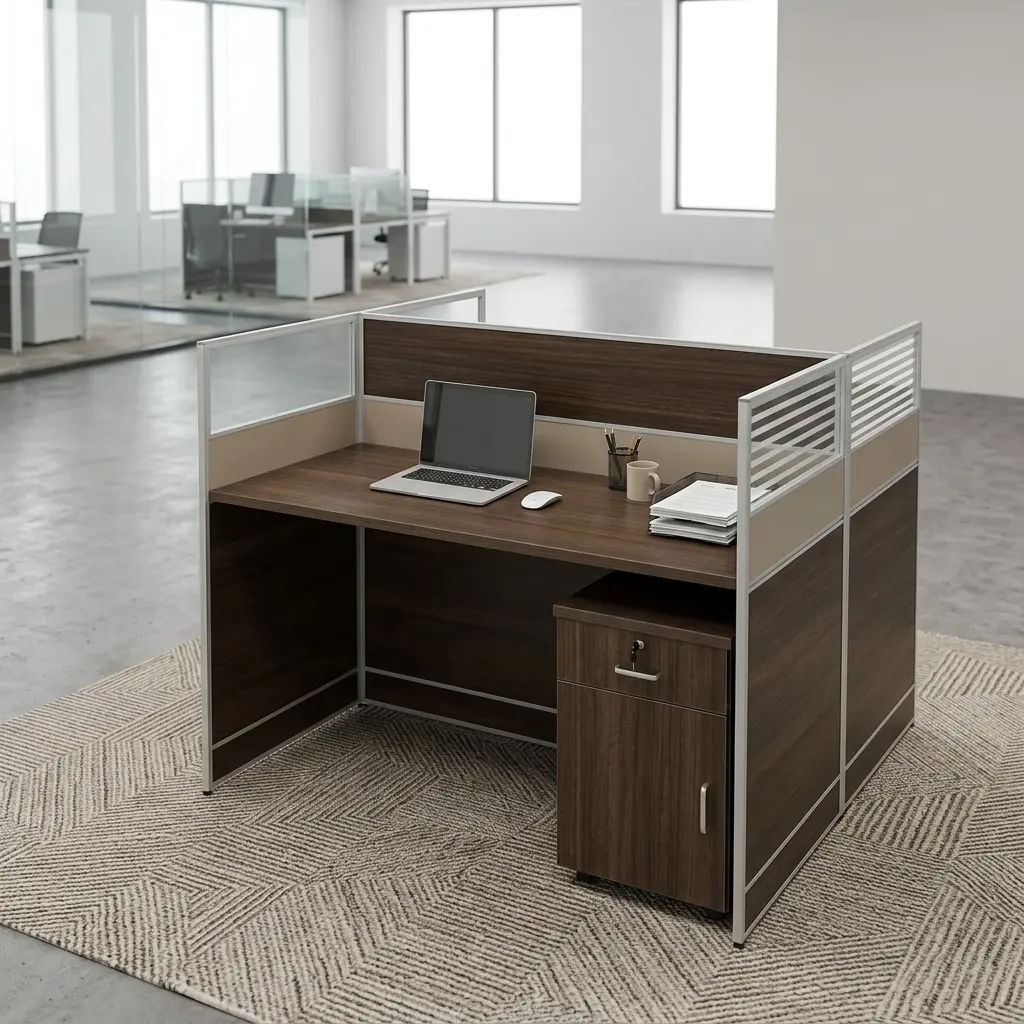 Premium 2-Seater Staff Workstation Featuring Dark Wood-Grain Desktops, Metallic-Framed Privacy Partitions With Horizontal Slatted Upper Panels, And An Integrated Storage Cabinet With A Lockable Drawer And Lower Cupboard.