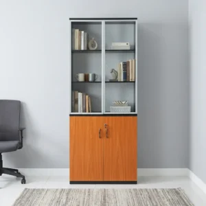 2-Door Glass Wooden Office Cupboard with glass display shelves and lockable lower storage for organized offices. Order yours today.
