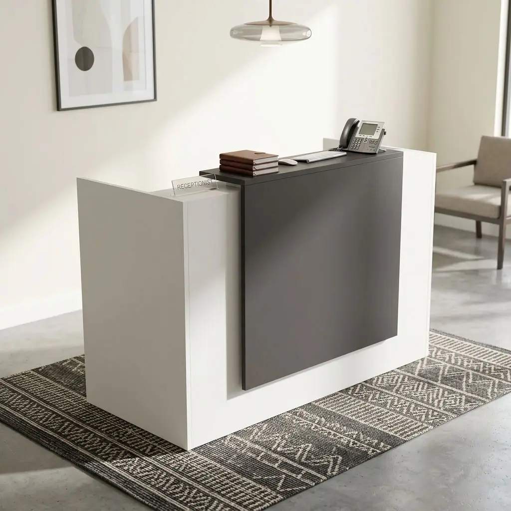 1.4M Modern Front Office Desk Featuring A White Rectangular Reception Counter, Contrasting Dark-Grey Front Panel, Spacious Dark-Grey Worktop, And Raised White Side Sections.