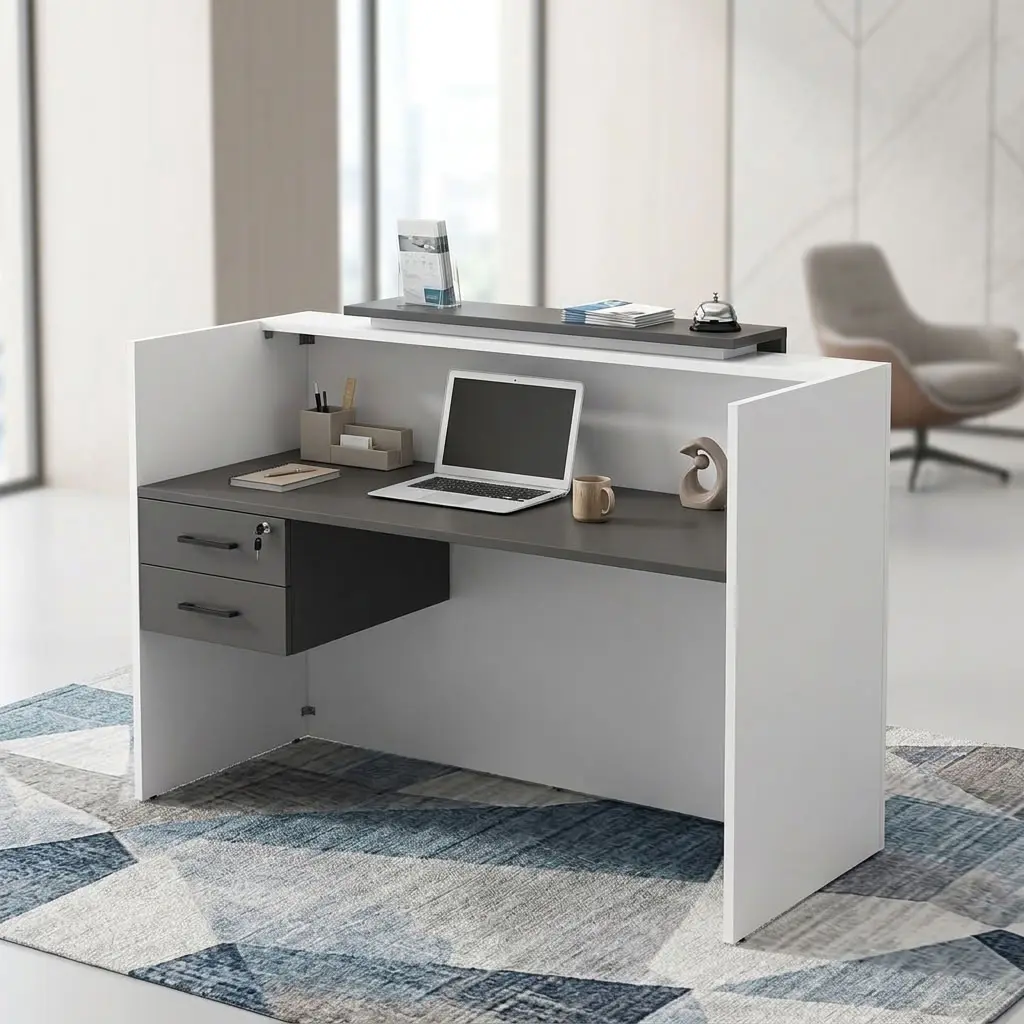 1.4M Modern Front Office Desk Featuring A White Rectangular Reception Counter, Contrasting Dark-Grey Front Panel, Spacious Dark-Grey Worktop, And Raised White Side Sections.