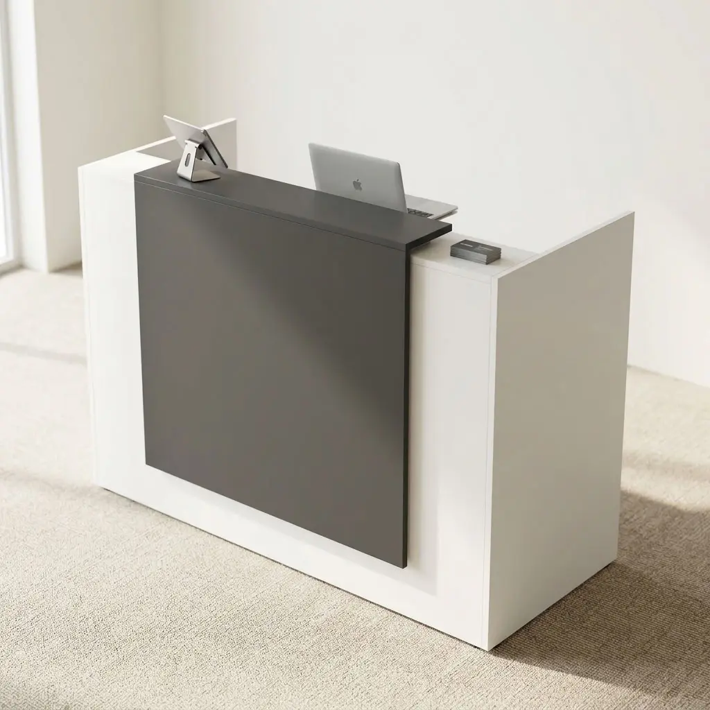 1.4M Modern Front Office Desk Featuring A White Rectangular Reception Counter, Contrasting Dark-Grey Front Panel, Spacious Dark-Grey Worktop, And Raised White Side Sections.