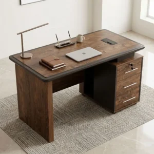 1.2m Executive Office Desk With Inlaid Desk featuring a brown wood-grain tabletop with dark edging, cable-access opening, three right-side drawers, and a lockable upper drawer.