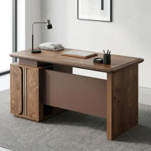 1.4m Modern Advance Office Desk featuring a brown wood-grain tabletop, integrated left-side storage compartment, decorative vertical panels, and wide front modesty panel.
