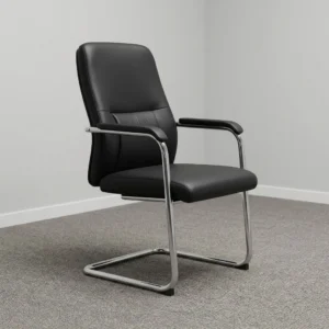 Executive Leather Office Guest Seat featuring black leather upholstery, a tall cushioned backrest, padded armrests, and a chrome-finished cantilever frame.