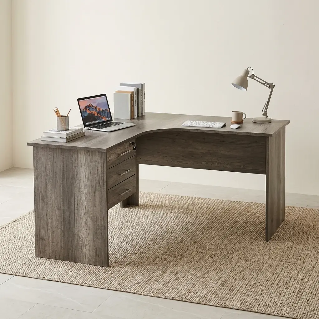 1.4M Curved Executive Office Desk With Grey-Brown Wood-Grain Finish, Curved Work Surface, Three Integrated Drawers, Lockable Upper Drawer And Front Modesty Panel