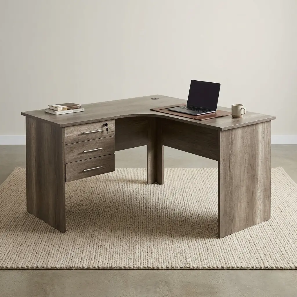 1.4M Curved Executive Office Desk With Grey-Brown Wood-Grain Finish, Curved Work Surface, Three Integrated Drawers, Lockable Upper Drawer And Front Modesty Panel