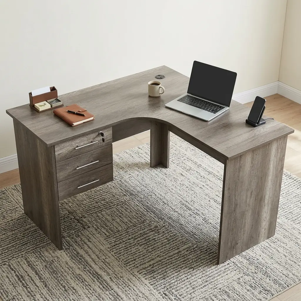 1.4M Curved Executive Office Desk With Grey-Brown Wood-Grain Finish, Curved Work Surface, Three Integrated Drawers, Lockable Upper Drawer And Front Modesty Panel