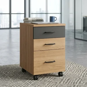 3-Drawer Mobile Office Pedestal Featuring A Natural Wood-Grain Finish, Dark-Grey Upper Drawer, Three Black Horizontal Handles, Spacious Lower Drawer And Black Castor Wheels.