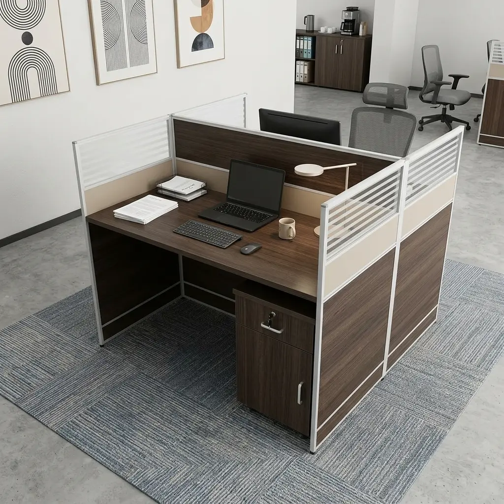 Premium 2-Seater Staff Workstation Featuring Dark Wood-Grain Desktops, Metallic-Framed Privacy Partitions With Horizontal Slatted Upper Panels, And An Integrated Storage Cabinet With A Lockable Drawer And Lower Cupboard.