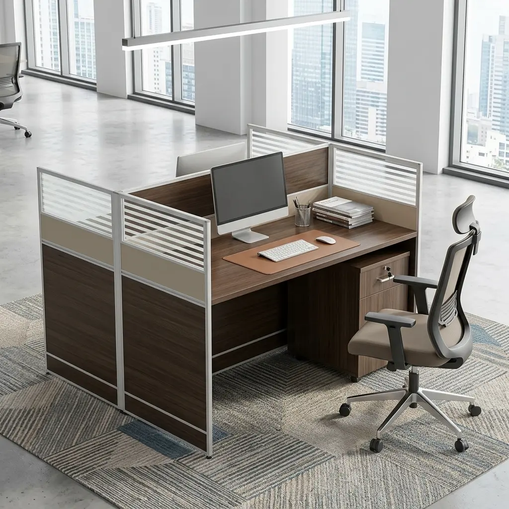 Premium 2-Seater Staff Workstation Featuring Dark Wood-Grain Desktops, Metallic-Framed Privacy Partitions With Horizontal Slatted Upper Panels, And An Integrated Storage Cabinet With A Lockable Drawer And Lower Cupboard.