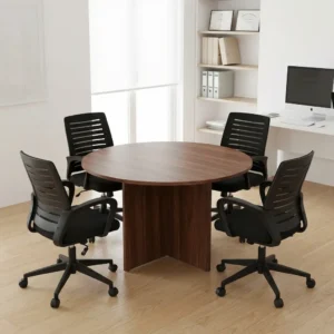 1m circular Boardroom Meeting Table featuring a rich brown wood-grain tabletop and matching cross-panel pedestal base in a modern office meeting room.