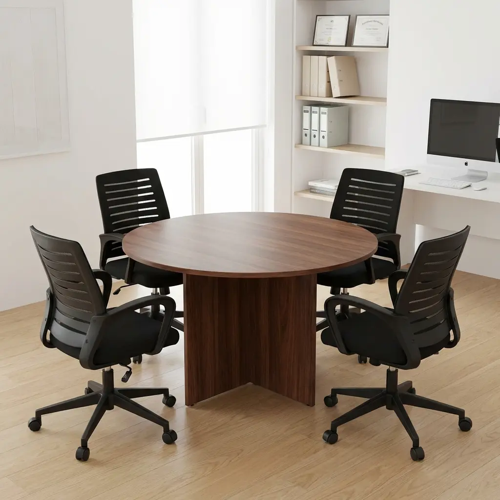 1M Round Executive Meeting Table Featuring A Brown Wood-Grain Circular Tabletop With Smooth Rounded Edges And A Matching Cross-Panel Pedestal Base.