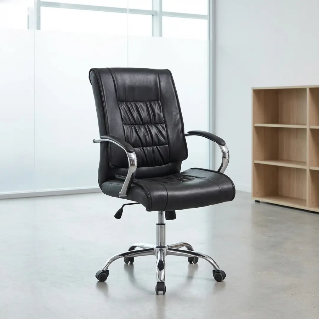 Ergonomic Leather Executive Office Chair Featuring Black Leather Upholstery, Padded High Backrest With Horizontal Stitching, Cushioned Seat, Curved Chrome Armrests, Height-Adjustment Lever, And Polished Five-Star Wheeled Base.